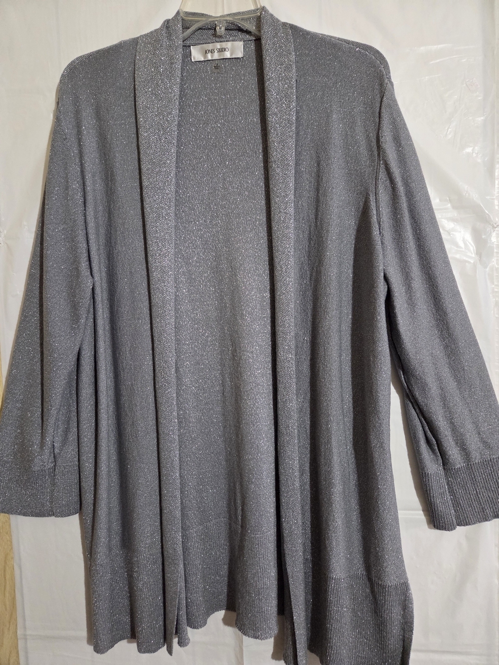 Jones Studio Silver Metallic Open-Front Cardigan